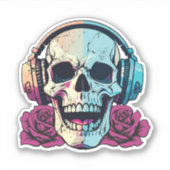 スカル付きヘッドフォンを装着バラ防水 シール (正面)