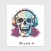 スカル付きヘッドフォンを装着バラ防水 シール (シート)