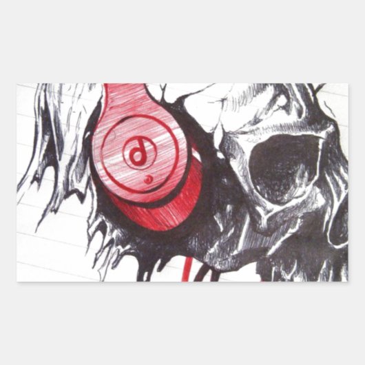 スカル付きヘッドフォンデザイン 長方形シール (正面)