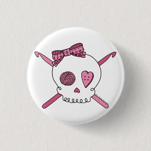 スカル及びかぎ針編みホック(ピンク) 缶バッジ
