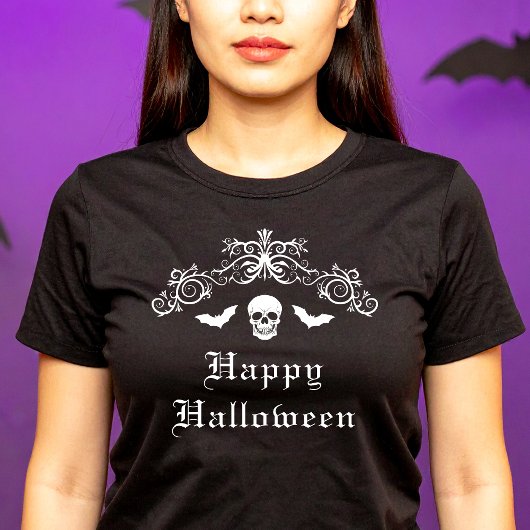 スカル及びこうもり華美縁どハッピーハローウィン Tシャツ