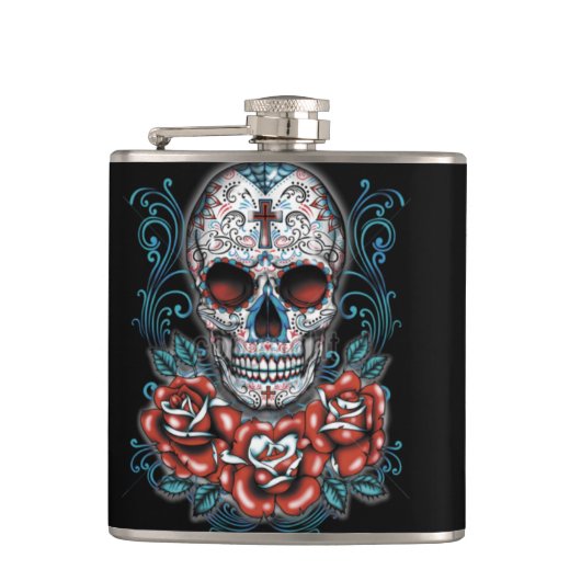 スカル及びバラのビニールの包まれたなフラスコ フラスク (正面)