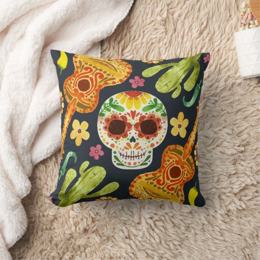 スカル及びGuitars Dia de Muertosの装飾用クッションを砂糖で甘くして下さい クッション (ブランケット)