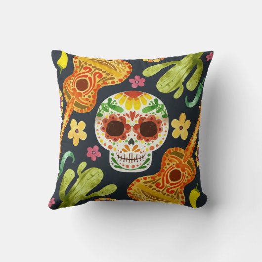 スカル及びGuitars Dia de Muertosの装飾用クッションを砂糖で甘くして下さい クッション (裏面)