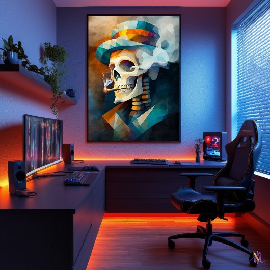 スカル喫煙aタバコ – キュービストミニマリスト ポスター