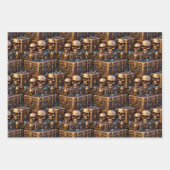 スカル宝箱3D茶色の金ゴールド海賊テーマ ラッピングペーパーシート (正面2)