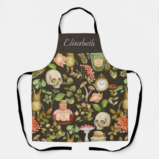 スカル植物きのこ花抽象芸術ハロウィーン エプロン (正面)