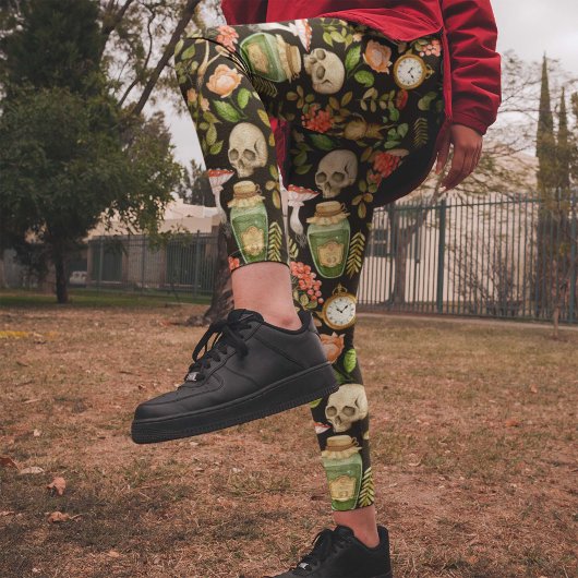 スカル植物きのこ花抽象芸術ハロウィーン レギンス