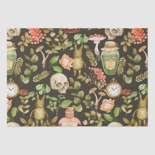 スカル植物きのこ花抽象芸術ハロウィーン 薄葉紙 (正面)