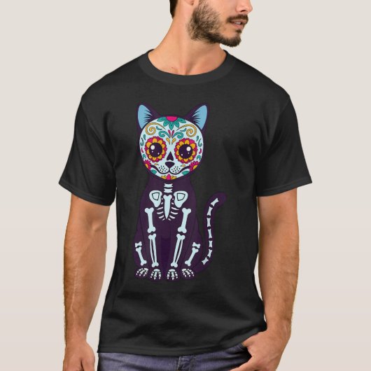 スカル猫スケルトン かわいい死者の日 Tシャツ (正面)
