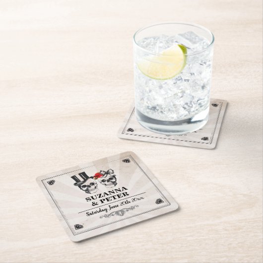 スカル素朴バラコースター結婚ズスカルパーティー スクエアペーパーコースター (インサイチュ)