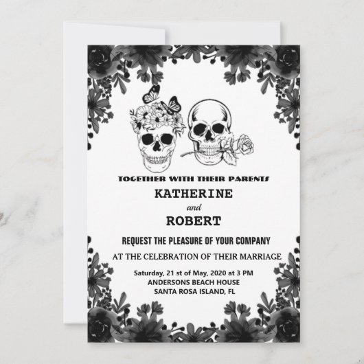 スカル結婚のハロウィーン糖ゴシックフローラ 招待状 (正面)