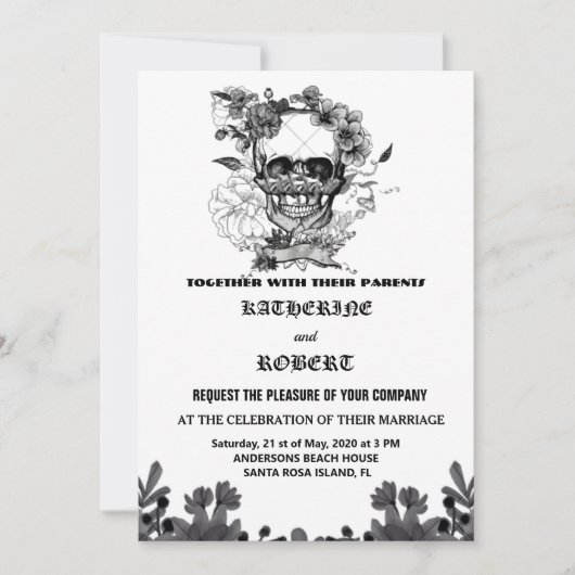 スカル結婚ズのハロウィーン砂糖ゴシックフローラの招待客 招待状 (正面)