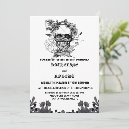 スカル結婚ズのハロウィーン砂糖ゴシックフローラの招待客 招待状 (スタンド正面)