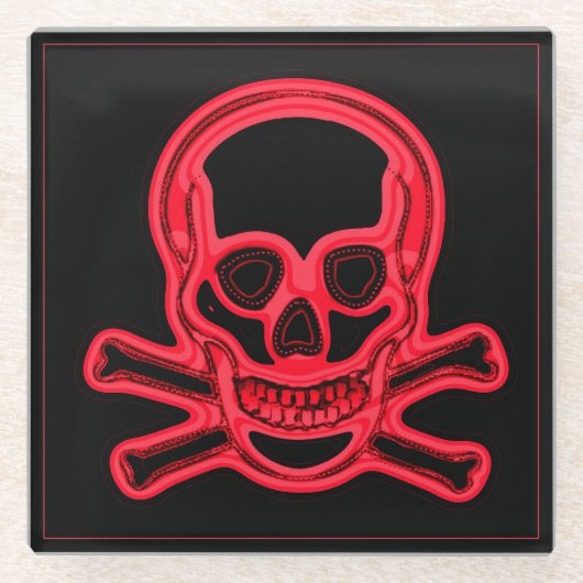 スカル赤と黒の色，デジタルアート ガラスコースター (正面)