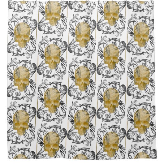 スカル金ゴールドヴィンテージ シャワーカーテン (正面)