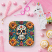 💀🌹スカル開花バーストディアデロスムエルトスフィエスタ ペーパープレート (パーティー)