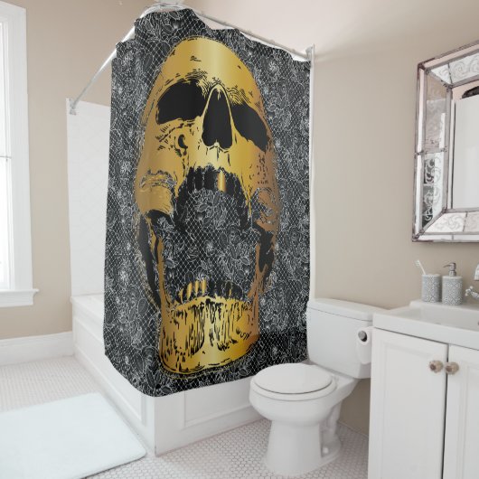 スカル顔シャワーカーテン – 金ゴールドスカル シャワーカーテン (インサイチュ)