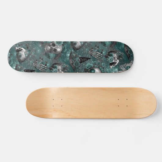 スカル魔女フローラ |ダークゴシックのミッドナイトティール(緑がかった色) スケートボード (横)