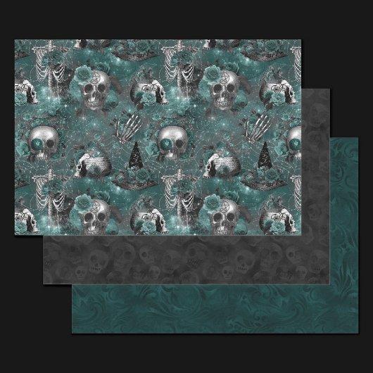 スカル魔女フローラ |ダークゴシックのミッドナイトティール(緑がかった色) ラッピングペーパーシート