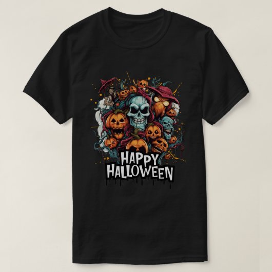 スカル、カボチャ、モンスター付きハッピーハローウィン Tシャツ (デザイン正面)