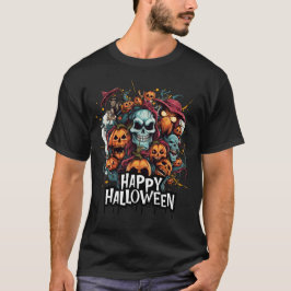スカル、カボチャ、モンスター付きハッピーハローウィン Tシャツ