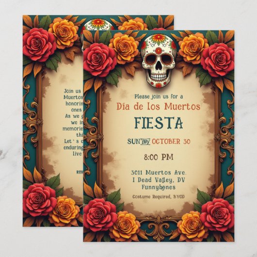 💀🎉 スカル＆スクロールズ、ディア・デ・ロス・ムエルトス 招待状 (正面/裏面)
