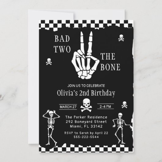 スカル スケルトン Bad to the Bone 2歳の誕生日 招待状 (正面)