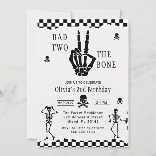 スカル スケルトン Bad to the Bone 2歳の誕生日 招待状 (正面)