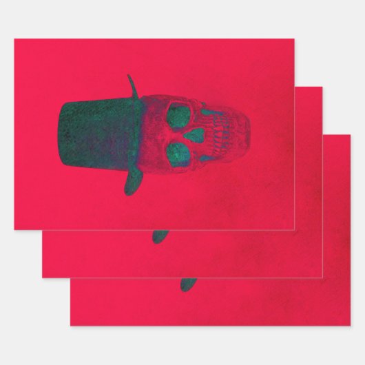 スカル&トップハットレッドグリーンハロウィーンクリスマス ラッピングペーパーシート (セット)