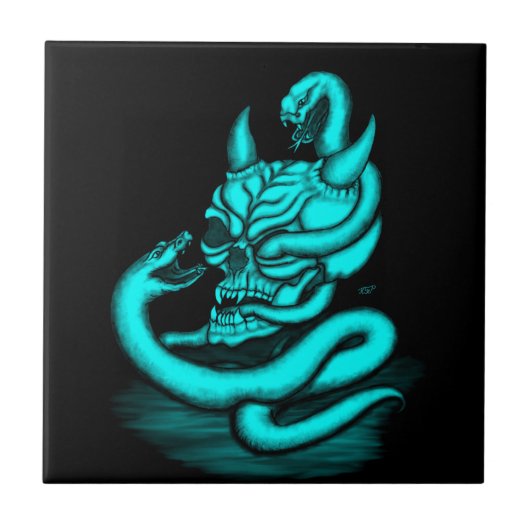 スカル – ヘビ付き悪魔の頭 タイル (正面)
