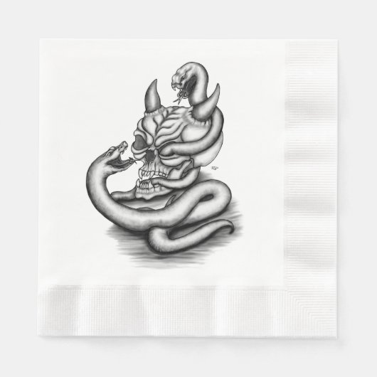 スカル – ヘビ付き悪魔の頭 縁ありランチョンナプキン (正面)