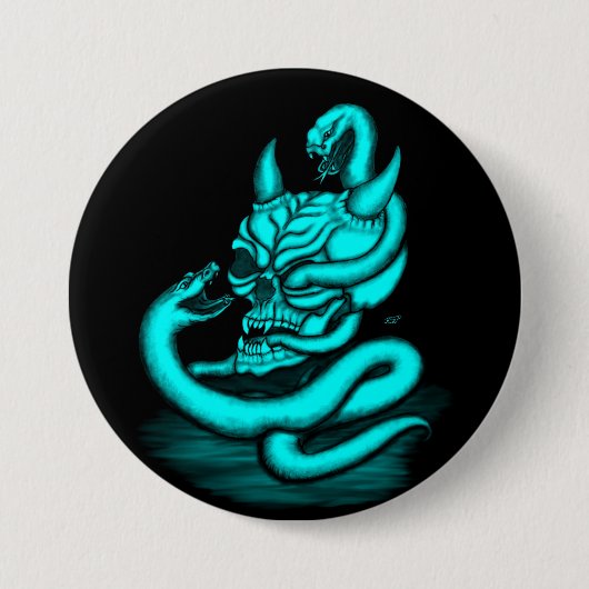 スカル – ヘビ付き悪魔の頭 缶バッジ (正面)