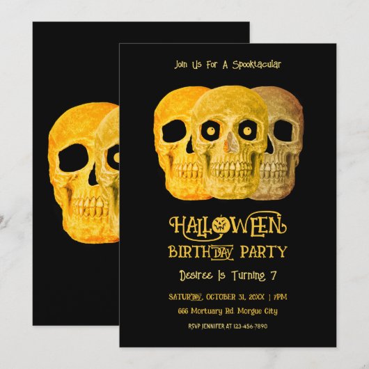 スカル 楽しい ゴシック イエロー ブラック ハロウィン 誕生日 招待状 (正面/裏面)