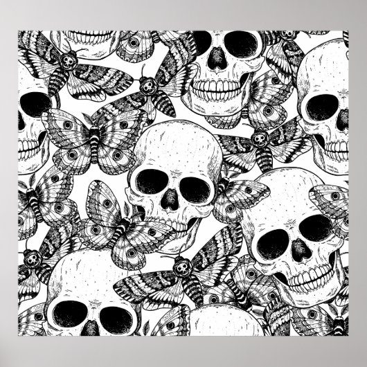 スカル、蝶：手書きのヴィンテージパターン ポスター (正面)