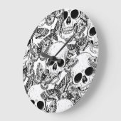 スカル、蝶:手書きのヴィンテージパターン ラージ壁時計 (傾斜)