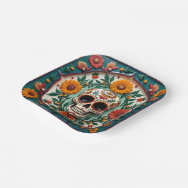 💀🌹スカル&開花スクエアディアデロスムエルトスフィエスタ ペーパープレート