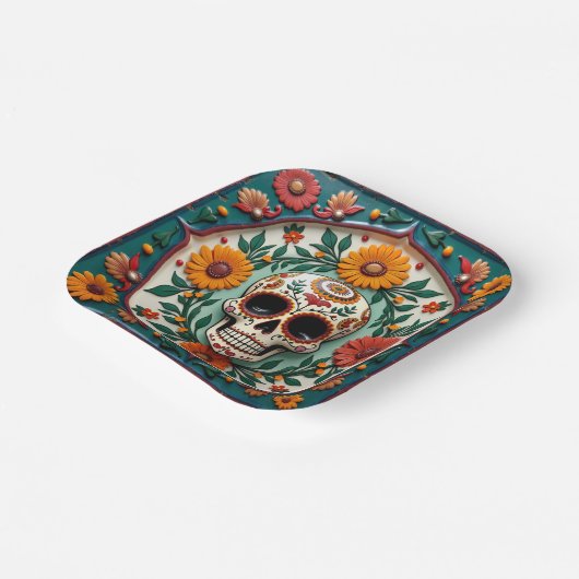 💀🌹スカル&開花スクエアディアデロスムエルトスフィエスタ ペーパープレート (傾斜あり)
