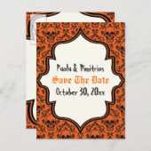 スカルdamaskオレンジ色の黒いハロウィーン日付を保存 案内ポストカード (正面/裏面)
