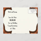 スカルdamaskオレンジ色の黒いハロウィーン日付を保存 案内ポストカード (裏面)