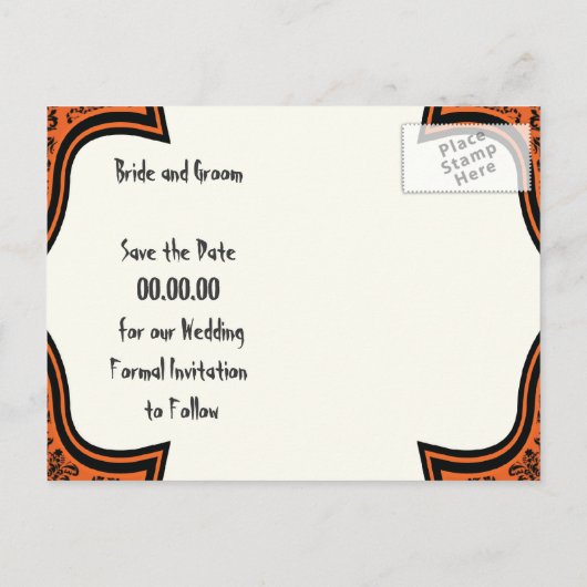 スカルdamaskオレンジ色の黒いハロウィーン日付を保存 案内ポストカード (裏面)
