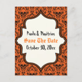 スカルdamaskオレンジ色の黒いハロウィーン日付を保存 案内ポストカード (正面)