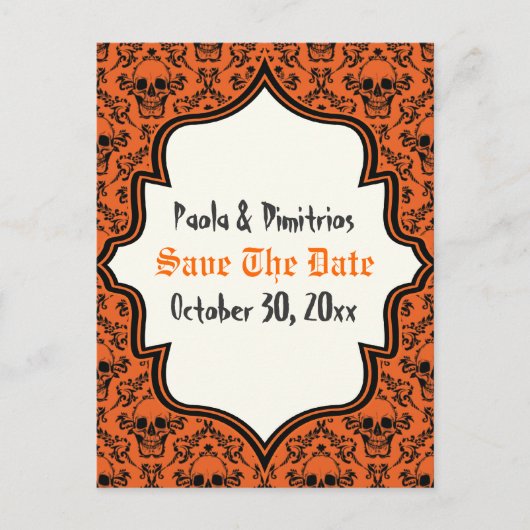 スカルdamaskオレンジ色の黒いハロウィーン日付を保存 案内ポストカード (正面)