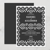 スカロップドメキシコパペルピカドフローラブラック結婚ズ 招待状 (正面/裏面)