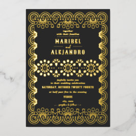 スカロップドメキシコパペルピカドフローラブラック結婚ズ 箔招待状