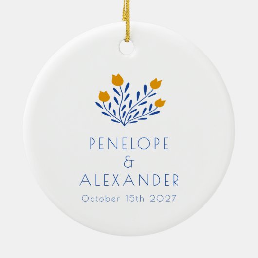 スカンジィフォーク花ブルーイエローカスタムウェディング セラミックオーナメント (裏面)