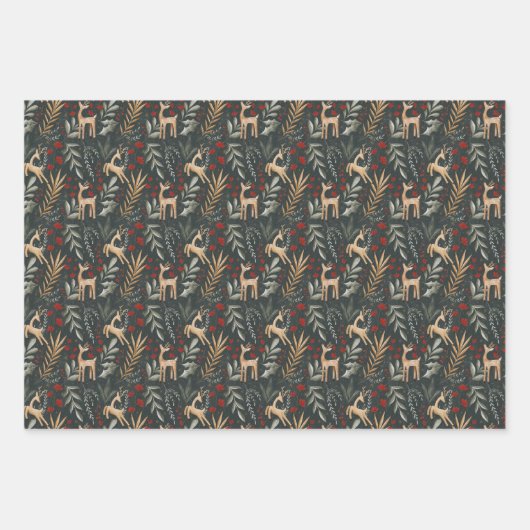 スカンジクリスマスギフトラップノルディックホリデーディアー ラッピングペーパーシート (正面2)