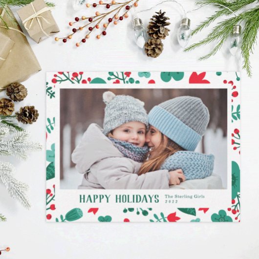 スカンジスタイルモダンレッド&グリーンファミリーフォト シーズンカード