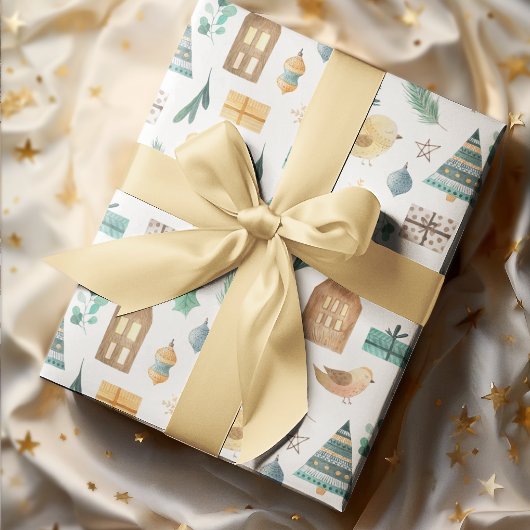 スカンジナビアかわいい水の色キッズクリスマス ラッピングペーパーシート