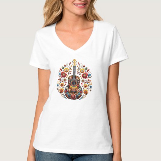 スカンジナビアのギターフォークアート Tシャツ (正面)
